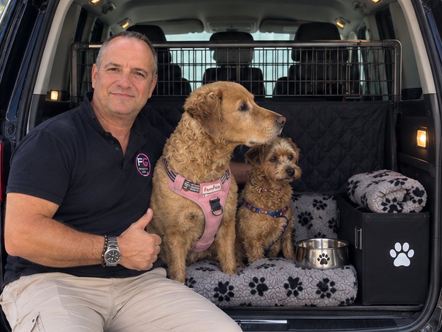 Zwei Hunde auf weichen Decken hinter dem Trenngitter im Fahrzeug