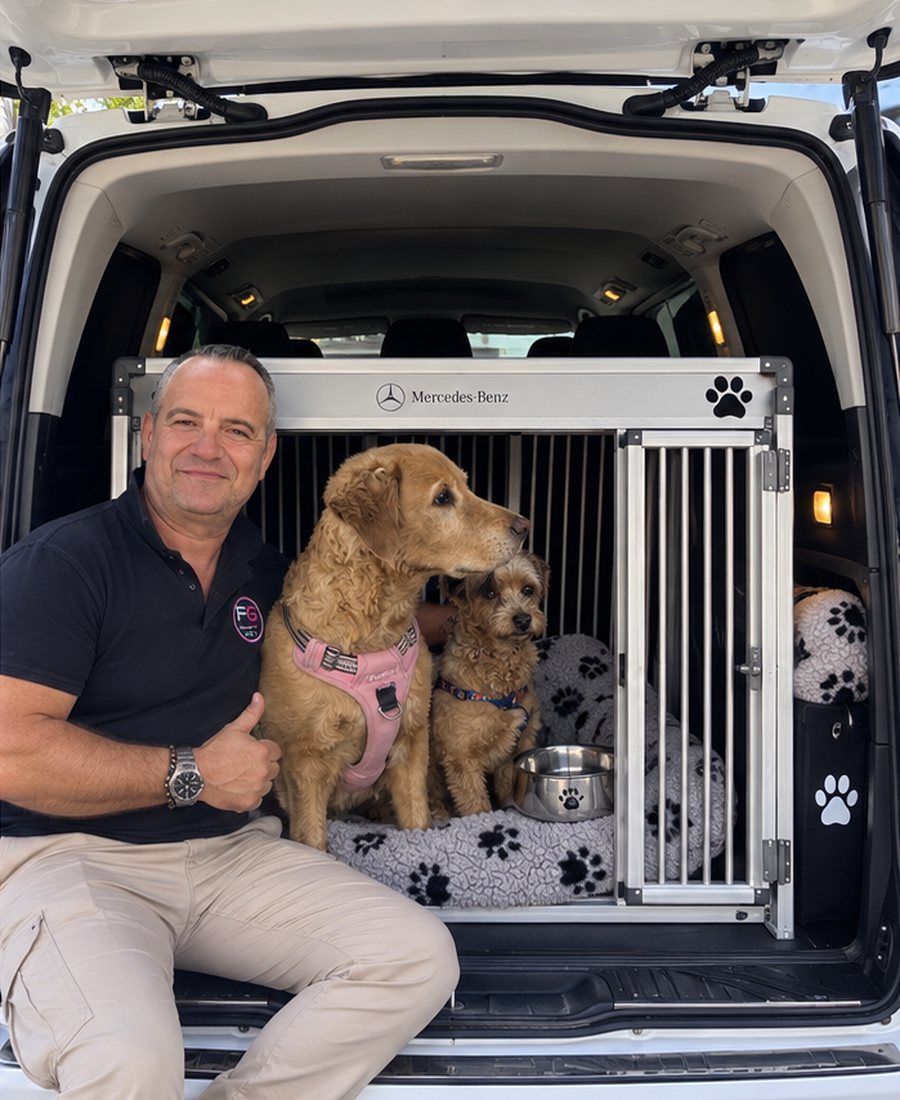 Franco Kafesy sitzt im Heck seines weißen Mercedes-Transporters neben zwei Hunden in einer gepolsterten Transportbox